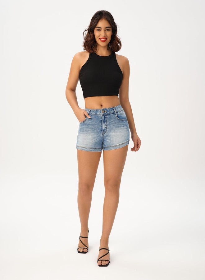 roswear Women's Casual Summer High Waisted Basic Jean Shorts Stretchy Denim Shorts Pale Blue Medium - Image 2